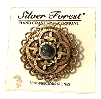 New Vintage SILVER FOREST Vermont Brooch Green Semi Precious Stone Pin Ornate