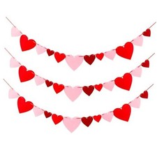 Felt Heart Garland, 3-Pack Mixed Size Red Burgundy Pink Banner, Valentine's