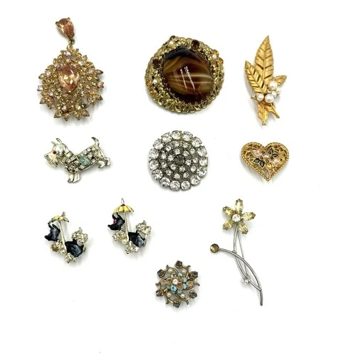Vtg ? Brooch Lot Of 10 Rhinestone Jewelry Repair Craft Pin Flower Dog Costume