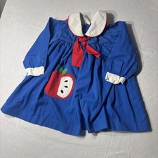 Samara Vintage Blue Apple Applique Dress Peter Pan Collar Girls 2T Long Sleeve