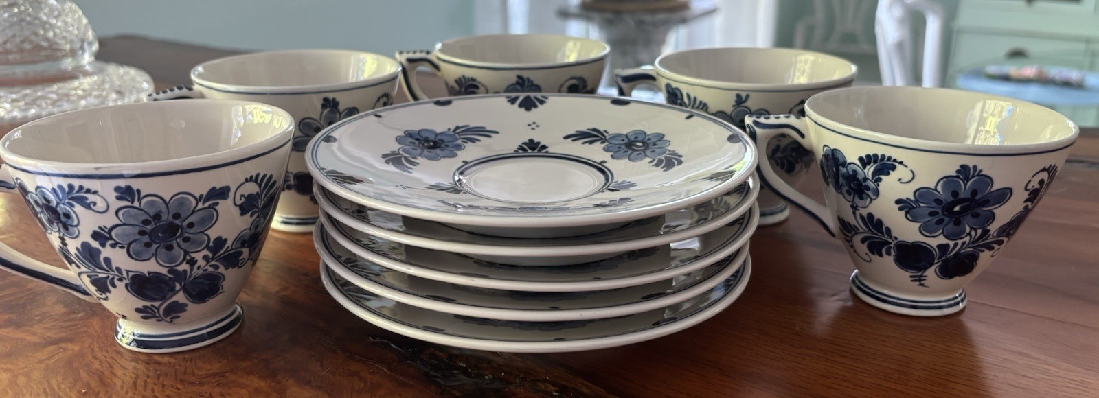 Set Of 5 Vintage Delft Blue Delfts Blade Hand Painted Cups & Saucers, Holland