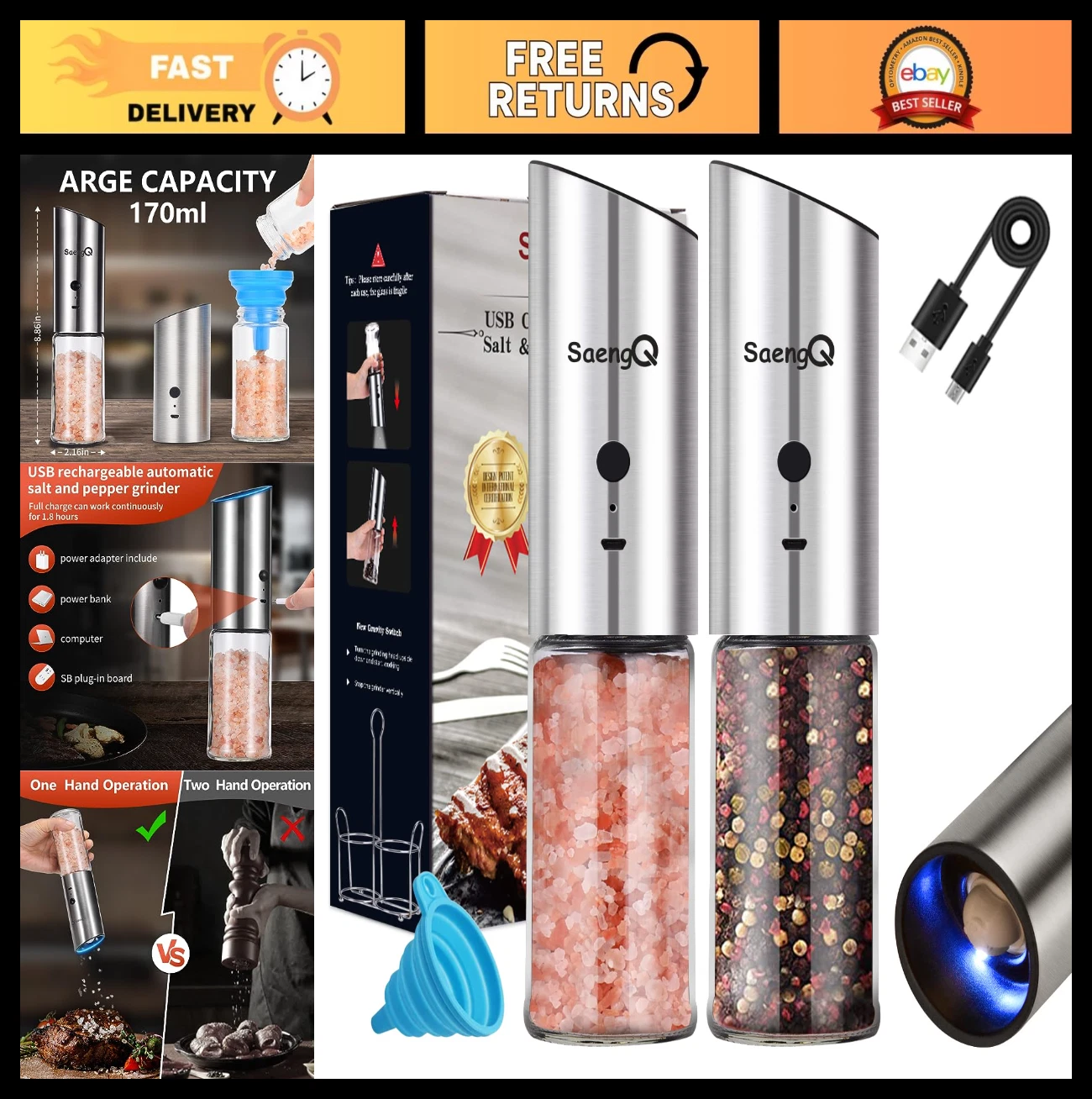 Rechargeable Electric Salt & Pepper Grinder Set - Automatic Adjustable Mill, LED