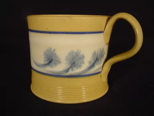 RARE 1800s BLUE SEAWEED MUG MOCHA MOCHAWARE YELLOW WARE MINT