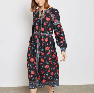 long sleeve black floral midi dress
