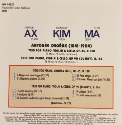Dvorak Piano Trios Ax Kim Ma CD CBS MK44527 1988 74644452723| eBay