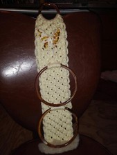 vintage 1970s Boho cream brown macrame towel holder with ceramic butterfly