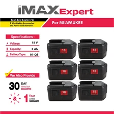 6x 18V 2Ah NiCd Battery for Milwaukee 48-11-2230, 48-11-2200, 48-11-2232
