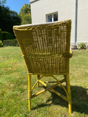 Vintage Canary Yellow Wicker Chair Armchair Reading Bamboo Wicker Rustic Boho - Picture 15 of 18