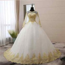 Muslim Golden Wedding Dress Round Neck Long Sleeve Lace Decal Bridal Dress
