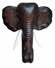 HAND CARVED WOODEN ELEPHANT HEAD AFRICAN MASK JUNGLE SAFARI SCULPTURE LUCK