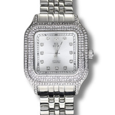 Men's Square Iced up Bezel 40mm Hip Hop CZ Silver Plated Metal Band Quartz Watch