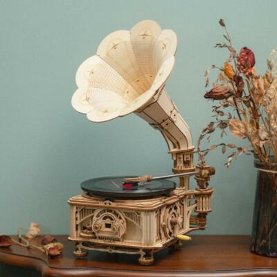 ROKR Hand Crank Classic Gramophone Model 3d Wooden Puzzle DIY Building Toy
