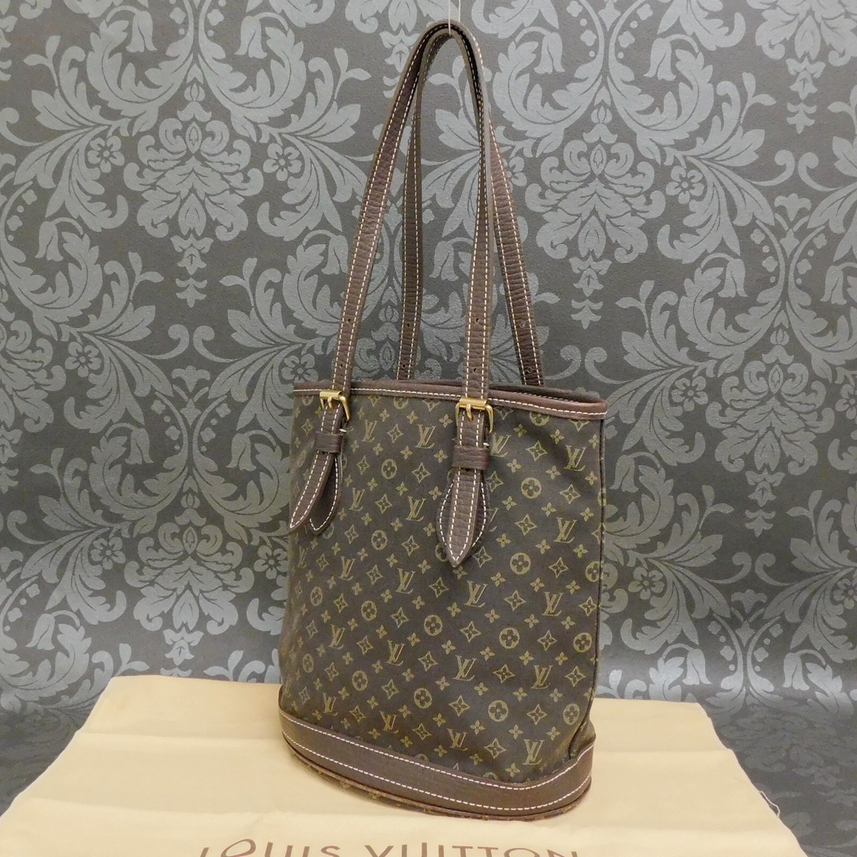 LOUIS VUITTON Monogram Mini Lin Bucket PM Dark Brown Shoulder Bag