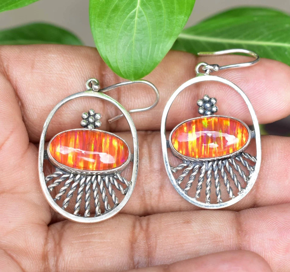 Pendientes colgantes de plata de ley 925 ovalados de ópalo de fuego naranja de 39,45 quilates joyas para mujer Foto 3 de 4