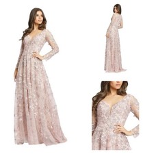 NWT MAC DUGGAL 70224 Pink Floral Applique Long Sleeve Illusion Gown Pink Size 8