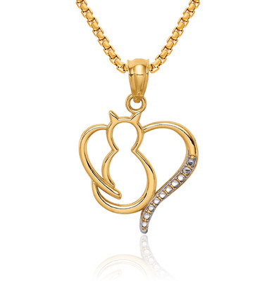 14K massive zweifarbige Gold Katze Herz Halskette