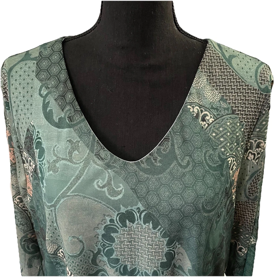 CHICO’S Talla 4 o XXL Top Verde Forrado Transparente Cuello en V Mangas 3/4 Estampado Floral Nuevo sin Etiquetas Foto 2 de 4