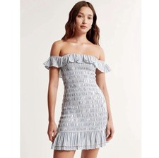 Abercrombie & Fitch Off Shoulder Smocked Mini Dress Blue And White Stripes ML