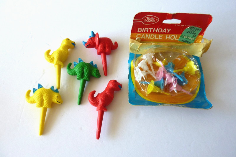 5  Dinosaur Birthday Cake Candle Holders by Wilton and 12 vintage candle holders