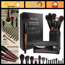 16 Pcs Professional Makeup Brush Set - Wood Handle, Travel Case, Cruelty-Free Fi