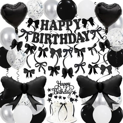 Birthday Party Decoions, 28Pcs Bow Garland Balloons, Cake Topper, Black