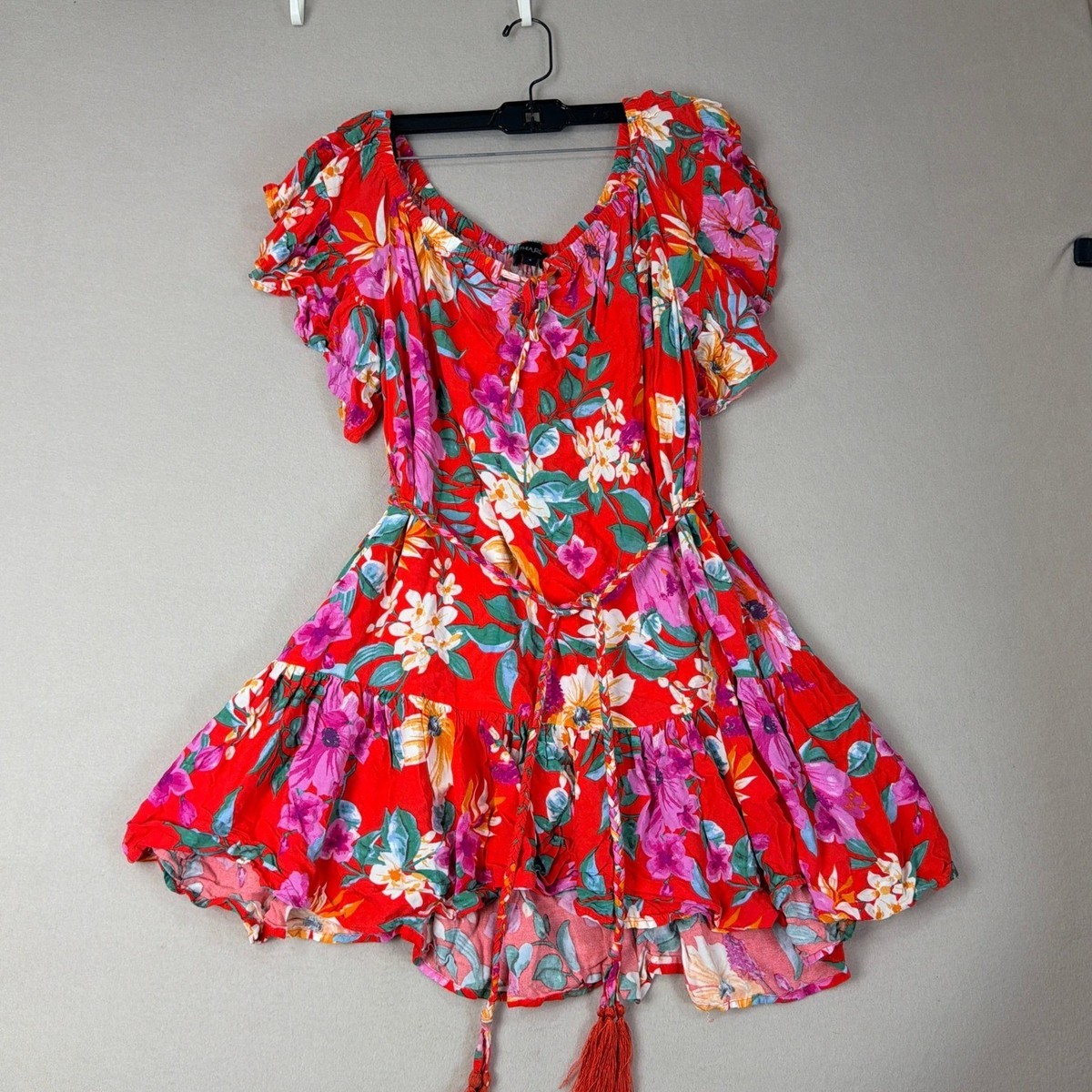 Cynthia Rowley Red Floral Boho Mini Dress Tassel Tie Tiered Ruffle Womens  Small | eBay