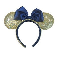 Disney Minnie Mouse Ears Headband Gold Sequins Navy Blue Satin Bow Parks