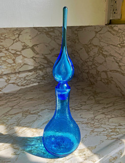 Vintage Mid Century Blenko Blue Crackle Art Glass Genie Bottle Decanter 15”