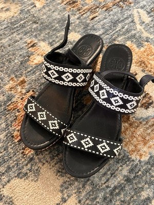 Tory Burch Reena Tribal Wedge Sandals Women Leather, Black/White, Size 8.5M