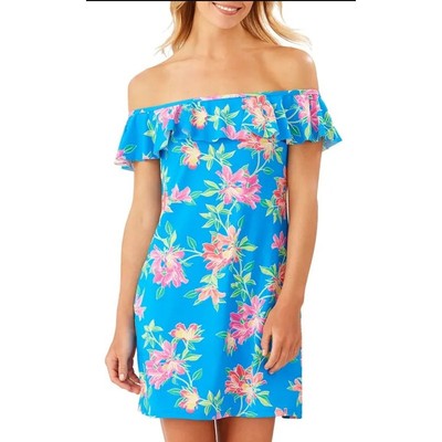 Tommy Bahama Sun Lilies Off the Shoulder Ruffle Spa Mini Dress Azure Blue Medium