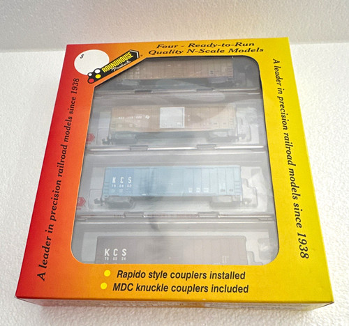 Roundhouse Kansas City Southern escala N.           Pack 4 Box Car Set RTR 89432 | Condition: New