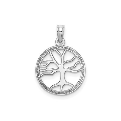 14k Weißgold Lebensbaum Anhänger durchbrochen rund Perlenrand spiritueller Charm