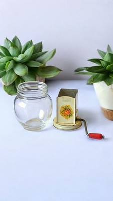 1940s Hazel Atlas Glass Tin Crank-Style Manual Nut Grinder In Cream Rose Accent