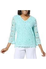 Antthony Women's Crochet Knit Top with Scalloped Trim Aqua