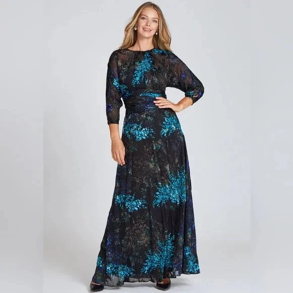 Vestido de baile Teri Jon by Rickie Freeman para mujer azul negro floral de gasa de terciopelo 8 Foto 4 de 4