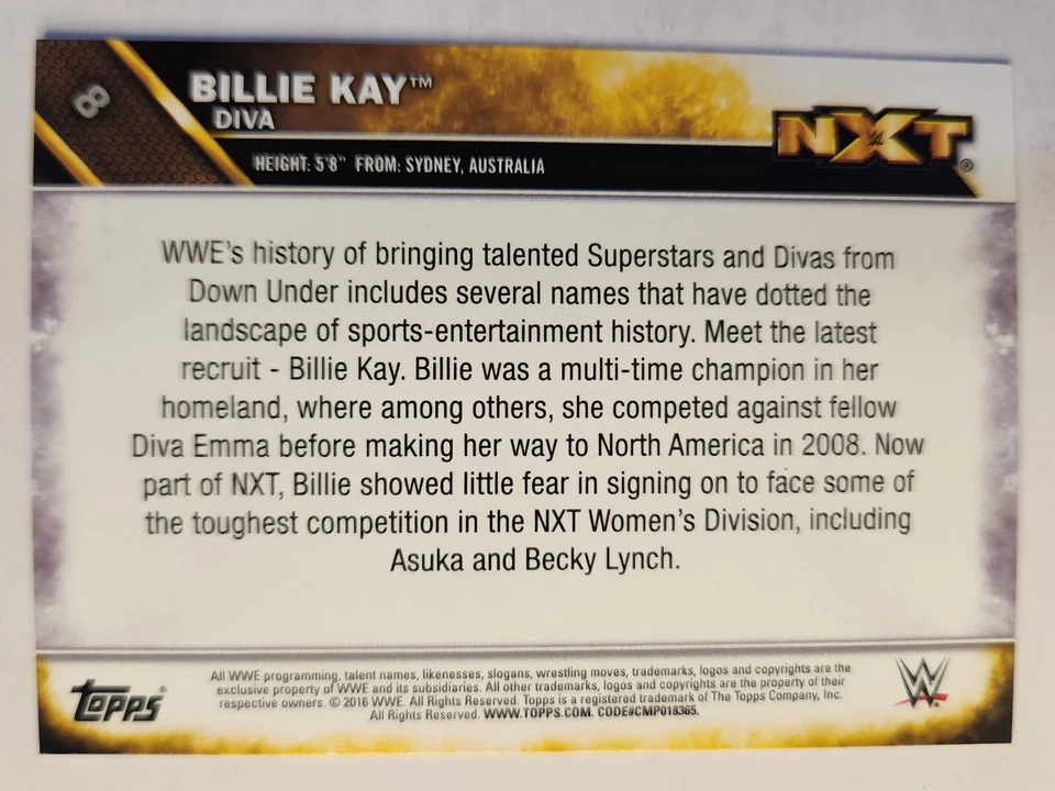 2016 Topps WWE NXT #8 BILLIE KAY 1st CARD (RC) ROOKIE - Image 2 of 2