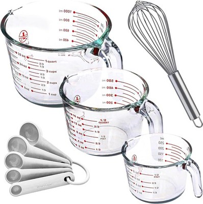 Le'raze Set of 3 Glass Measuring Cups with Measuring Spoons & Whisk - Kitchen Mi