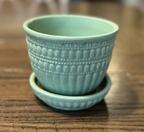 VTG McCoy GREEN Beaded Flower Pot PLANTER w/ Attached Saucer