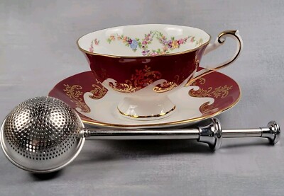 Queen's Emperor England Tea Cup & Saucer W Handled Strainer Red Gold Floral