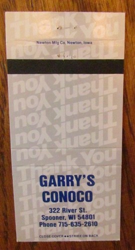 CONOCO GAS STATION MATCHBOOK MATCHCOVER: GARRY'S CONOCO (SPOONER, WISCONSIN) -K6