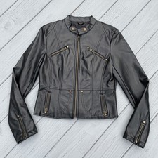 Womens Large Black Faux Leather Jacket Snap Zip Size L Lined Poetry Clothing Nwt