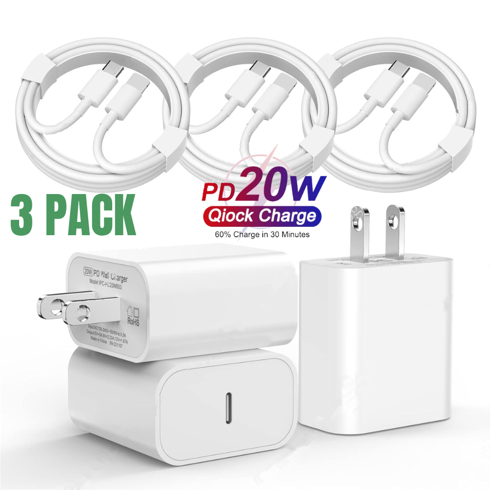 PD Fast Charger Cord 20W USB-C Power Adapter Block for iPhone 14 13 12 11 Pro XR and More