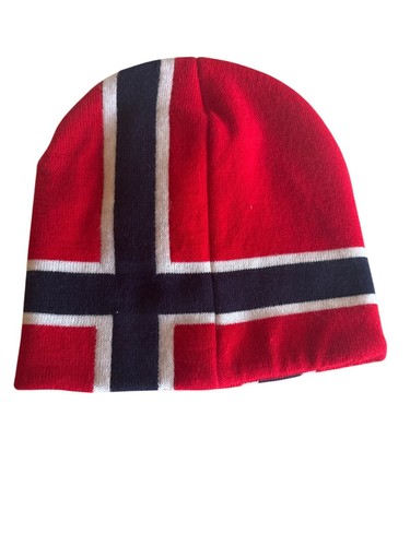 Norwegian Flag Knit Beanie Hat Red White & Blue Embroidered Norway Winter Cap Un - Picture 4 of 4