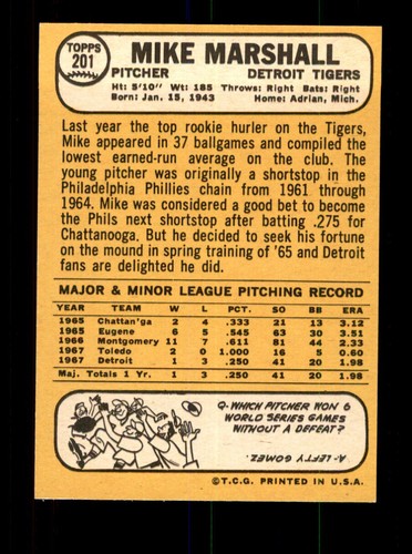1968 Topps #201 Mike G.Marshall NM - Picture 2 of 2