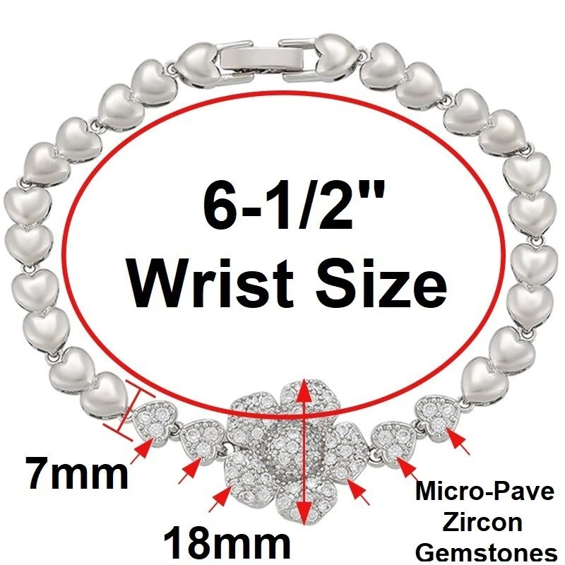 Pulsera de plata de ley 925 para mujer con circonitas y piedras preciosas con corazón y eslabones flor 6,5" D65 Foto 3 de 4