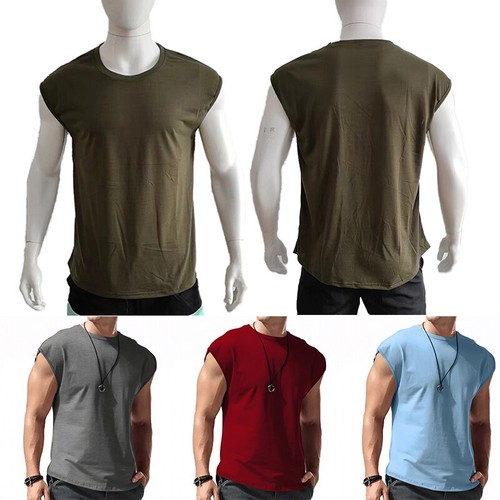 Mens Fashion Sleeveless T-Shirt Solid Color Round Neck Vest Muscle Tank Tops - Picture 4 of 24