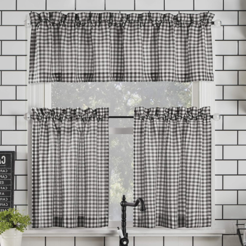 Parkham Farmhouse Plaid Semi-Sheer Rod Pocket Kitchen Curtain Valance and Tiers