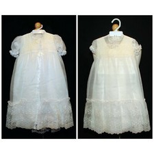 VTG 80's Ivory Christening 4-Piece Outfit Dress Coat Slip  Bonnet Satin  Lace