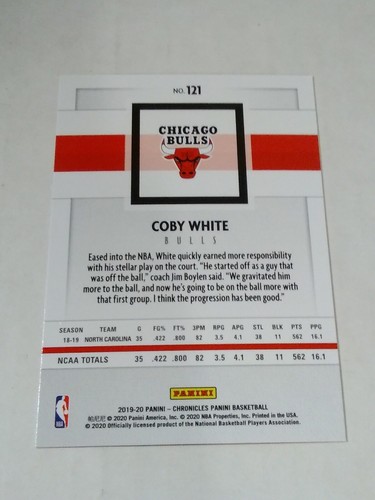 Tarjeta de novato paralela Coby White 2019-20 Chronicles Panini rosa SP #121 bonita - Imagen 3 de 3