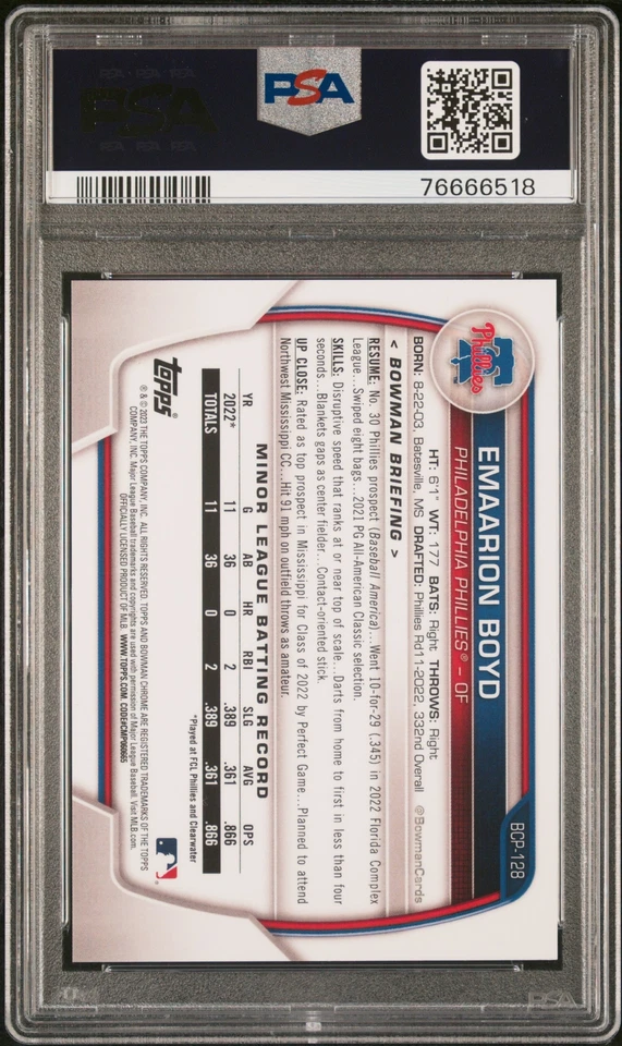 PSA 10 EMAARION BOYD 2023 Bowman Chrome ORANGE REFRACTOR/25 Phillies RC GEM MINT - Image 3 of 3